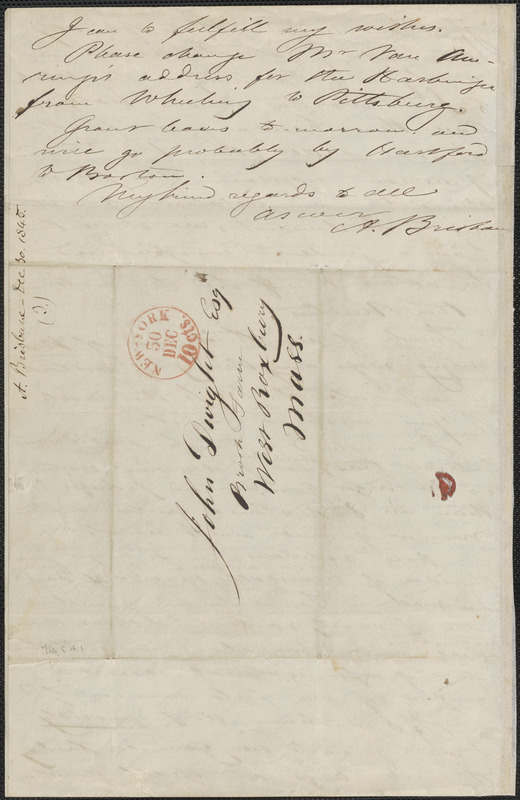 Albert Brisbane autograph letter signed to John Sullivan Dwight, New York, December 30, 1845