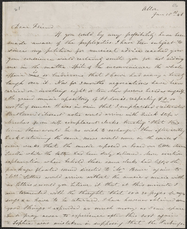 Georgiana Bruce Kirby autograph letter signed to John Sullivan Dwight, Alton, Illinois, January 18, 1846
