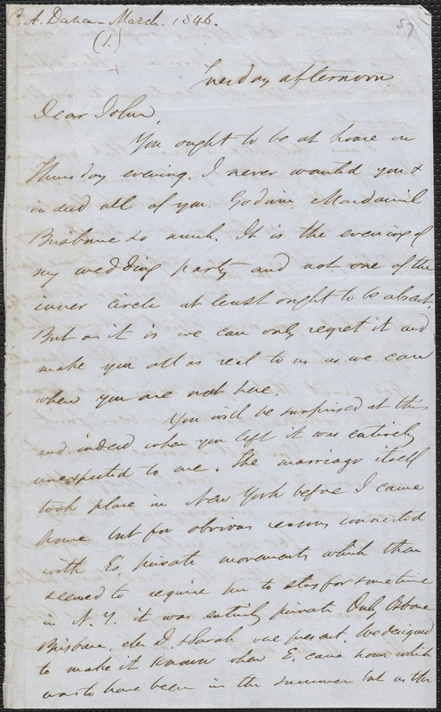 Charles Anderson Dana autograph letter signed to John Sullivan Dwight, [Brook Farm], [March 1846]