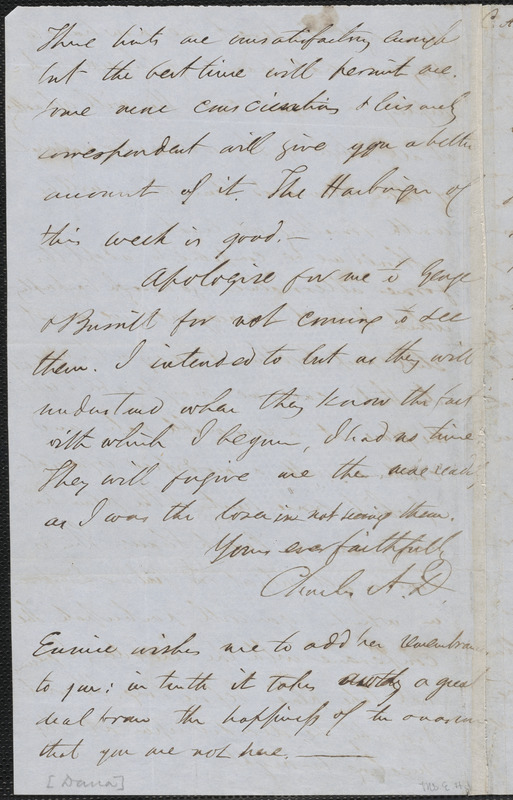 Charles Anderson Dana autograph letter signed to John Sullivan Dwight, [Brook Farm], [March 1846]
