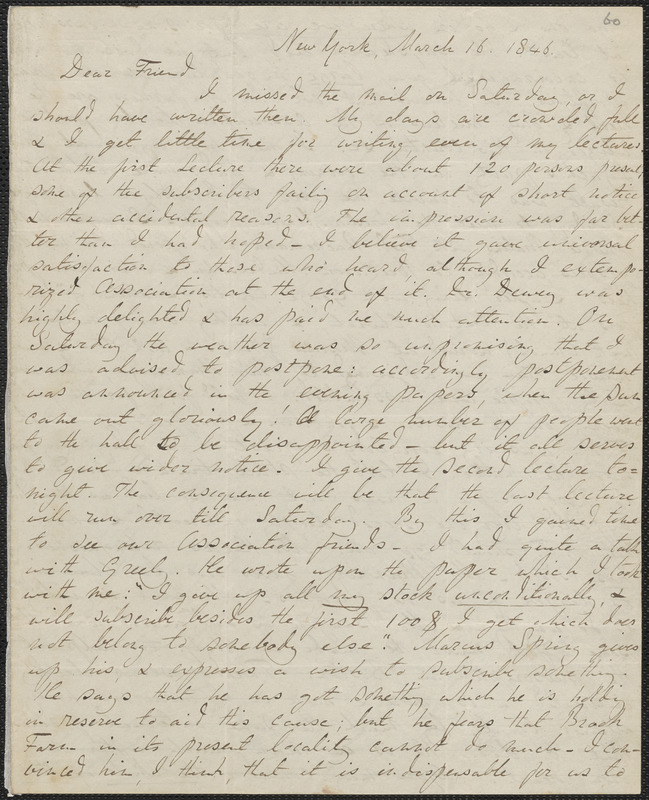 John Sullivan Dwight autograph letter signed to George Ripley, New York, March 16, 1846