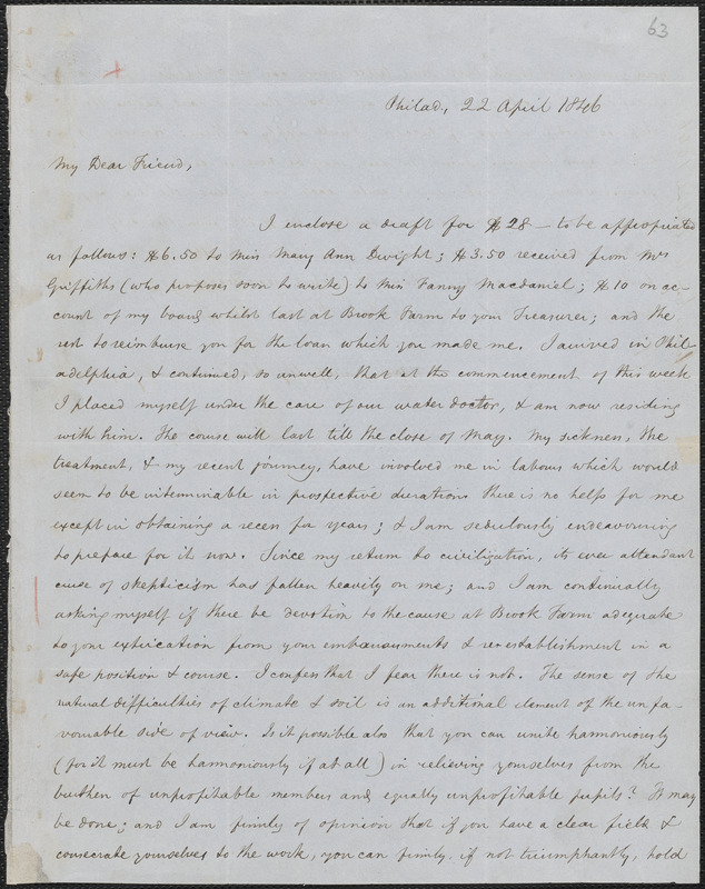 James Kay Jr. autograph letter signed to John Sullivan Dwight, Philadelphia, April 22, 1846