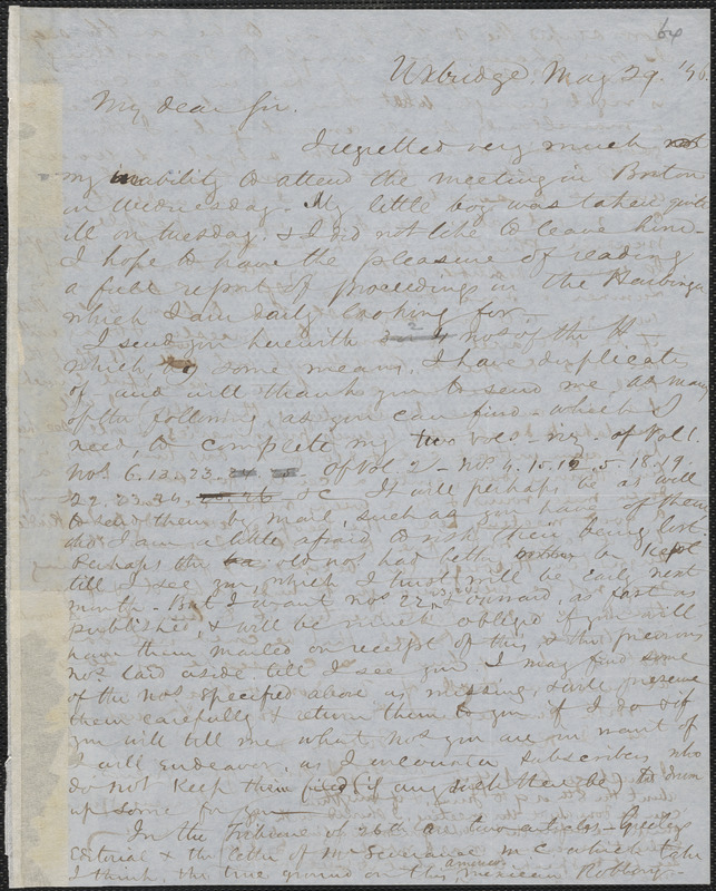 Marcus Spring autograph letter signed to John Sullivan Dwight, Uxbridge, May 29, 1846