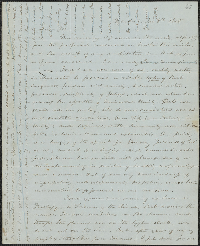 William Henry Channing autograph letter signed to John Sullivan Dwight, Rondout, N.Y., November 8, 1846