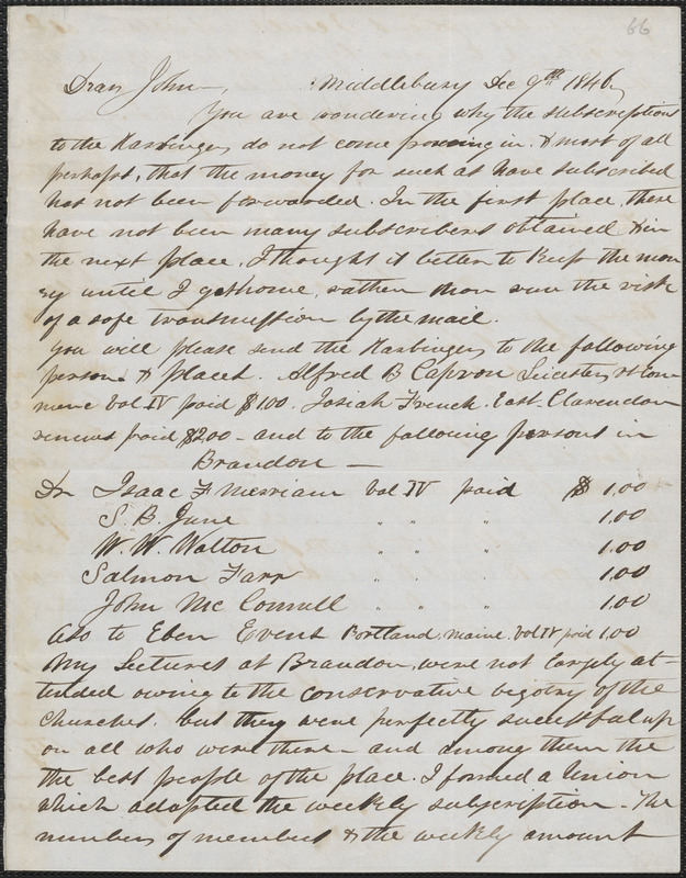 John Orvis autograph letter signed to John Sullivan Dwight, Middlebury, Vt., December 9, 1846