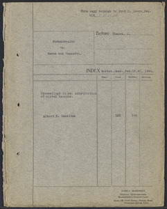 Sacco-Vanzetti Case Records, 1920-1928. Defense Papers. Proceedings in re. substitution of pistol barrels, Albert H. Hamilton, February 19, 20, 1924. Box 14, Folder 3, Harvard Law School Library, Historical & Special Collections