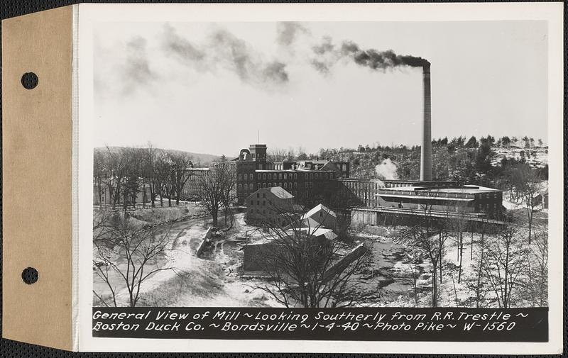 General view of mill, looking southerly from railroad trestle, Boston Duck Co., Bondsville, Palmer, Mass., Jan. 4, 1940