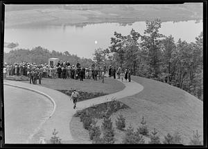 Winsor Memorial during dedication ceremony, crowd looking on, Administration Road, overlooking Winsor Dam, Quabbin Reservoir, Mass., June 17, 1941
