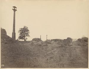 View of stambhas in ruined complex, possibly Warangal Fort, Warangal, India