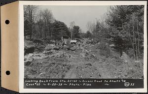 Contract No. 60, Access Roads to Shaft 12, Quabbin Aqueduct, Hardwick and Greenwich, looking back from Sta. 25+65, Greenwich and Hardwick, Mass., Apr. 20, 1938