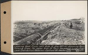 Contract No. 80, High Level Distribution Reservoir, Weston, looking west from left side of Sta. 887+10+/- showing reinforcing steel for upper arch of twin aqueduct line, high level distribution reservoir, Weston, Mass., Apr. 17, 1940