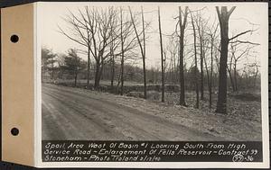 Contract No. 99, Enlargement of Fells High Level Distribution Reservoir, Stoneham, Malden, Melrose, spoil area west of basin 1 looking south from high service road, enlargement of Fells Reservoir, Stoneham, Mass., Feb. 12, 1940