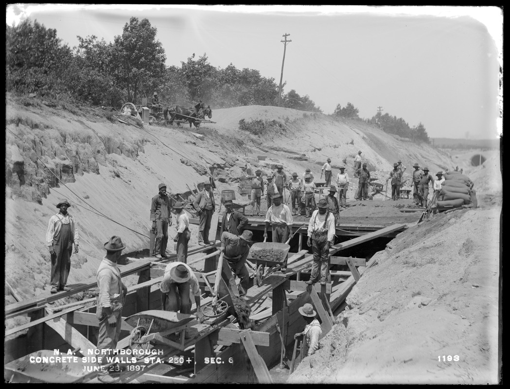Wachusett Aqueduct, putting in concrete side walls, Section 6, station 250+, from the south, Northborough, Mass., Jun. 28, 1897