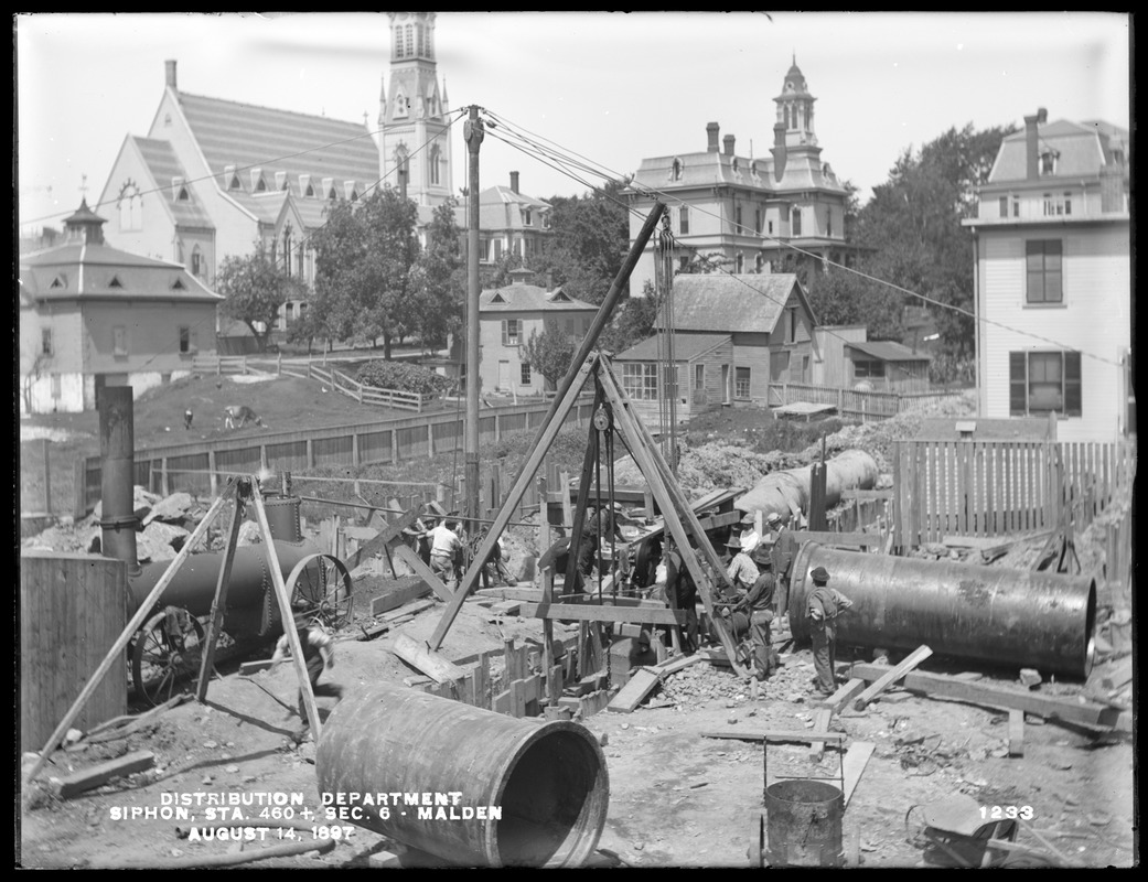 Distribution Department, Low Service Pipe Lines, Section 6, siphon under Spot Pond Brook, station 460+, Jackson Street, from the south, Malden, Mass., Aug. 14, 1897