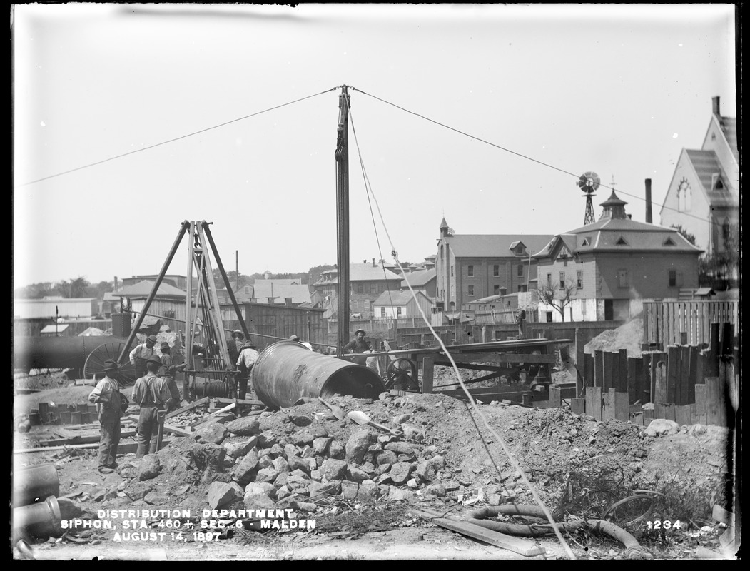 Distribution Department, Low Service Pipe Lines, Section 6, siphon under Spot Pond Brook, station 460+, Jackson Street, from the east, Malden, Mass., Aug. 14, 1897