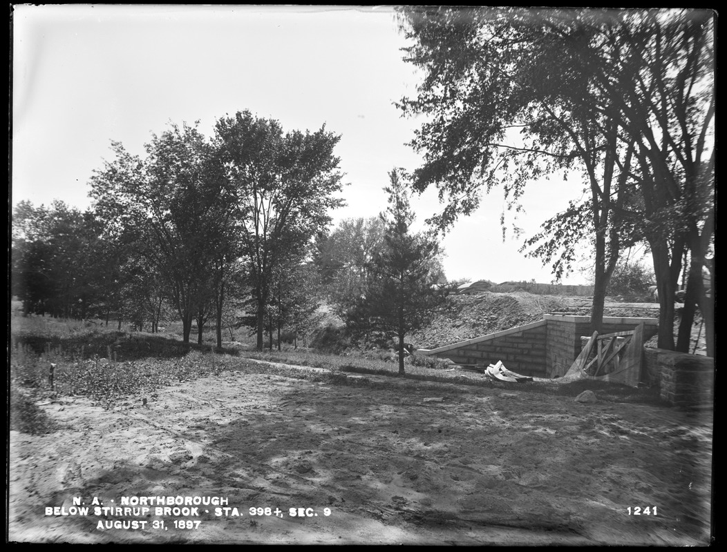 Wachusett Aqueduct, below Stirrup Brook culvert, Section 9, station 398+, from the north, Northborough, Mass., Aug. 31, 1897