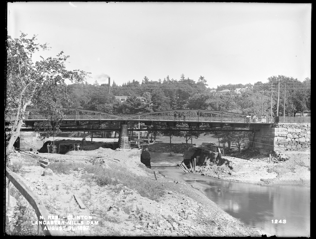Wachusett Dam, Lancaster Mills dam (showing opening), from the west in Nashua Street, Clinton, Mass., Aug. 31, 1897