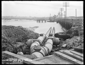 Distribution Department, Low Service Pipe Lines, Section 5, valves, blow-off, etc. (specials), station 344+, at the junction of two 36-inch with 48-inch pipe at the north end of Wellington Bridge, from the north, Medford, Mass., Sep. 8, 1897