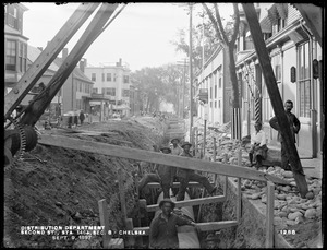 Distribution Department, Low Service Pipe Lines, Section 8, trench in Second Street, station 146+, from the south, Chelsea, Mass., Sep. 9, 1897