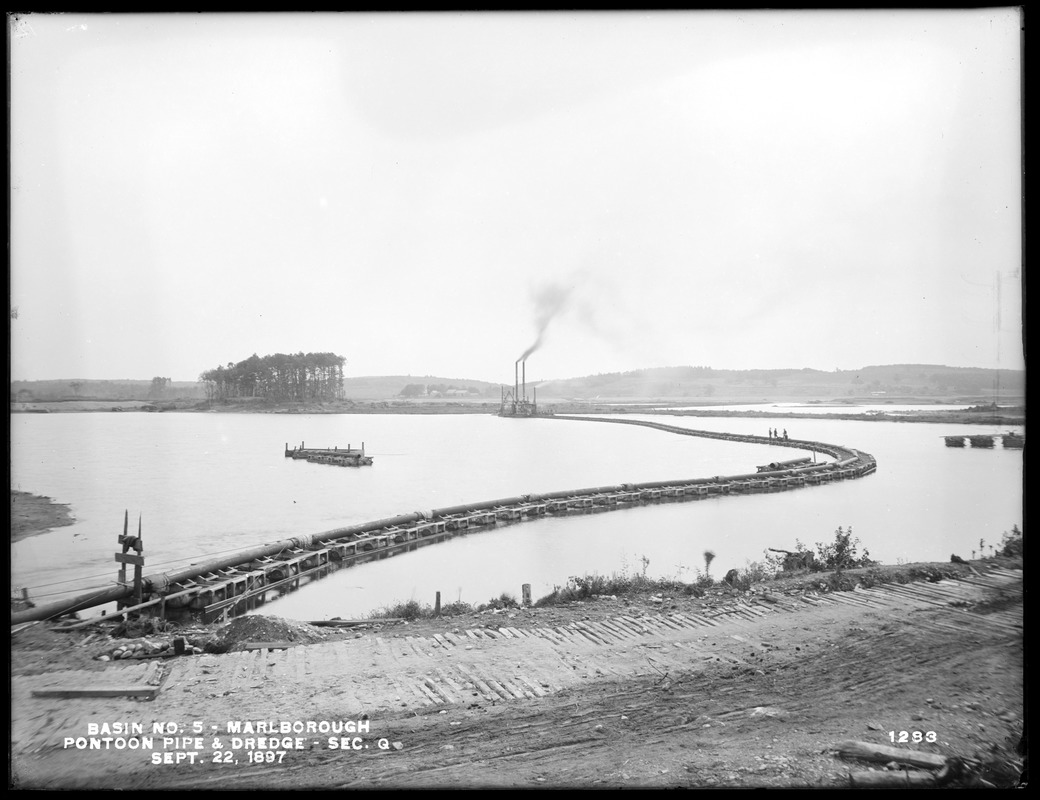 Sudbury Reservoir, Section Q, pontoon pipe and dredge, from the west, Marlborough, Mass., Sep. 22, 1897