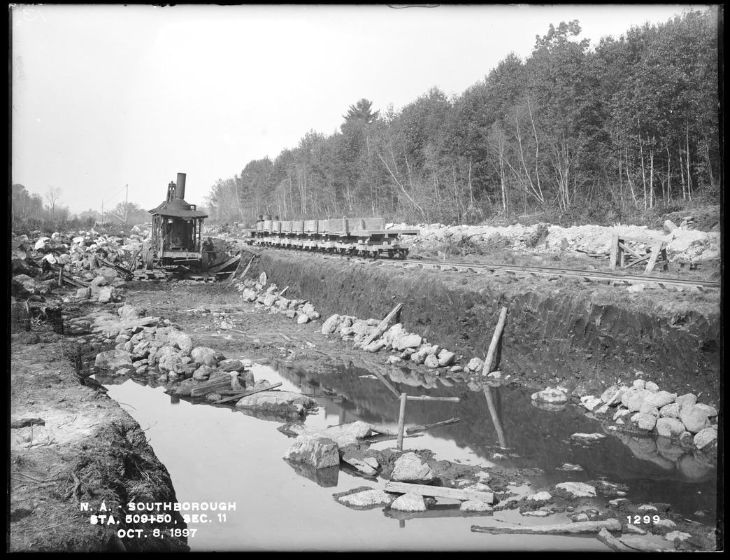 Wachusett Aqueduct, trench after boulders have been removed, Section 11, station 509+50, from the southeast, Southborough, Mass., Oct. 8, 1897