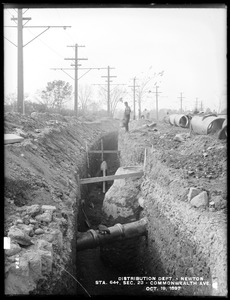 Distribution Department, Southern High Service Pipe Line, Section 23, trench, station 64+, Commonwealth Avenue, opposite South Street, from the east, Newton, Mass., Oct. 19, 1897