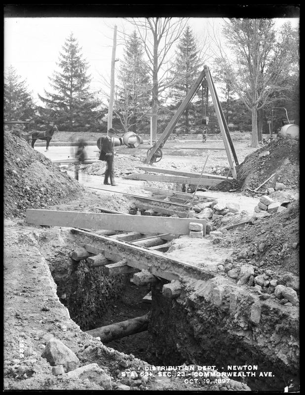 Distribution Department, Southern High Service Pipe Line, Section 23, trench at railroad crossing, station 63+, Commonwealth Avenue, opposite South Street, from the north, Newton, Mass., Oct. 19, 1897