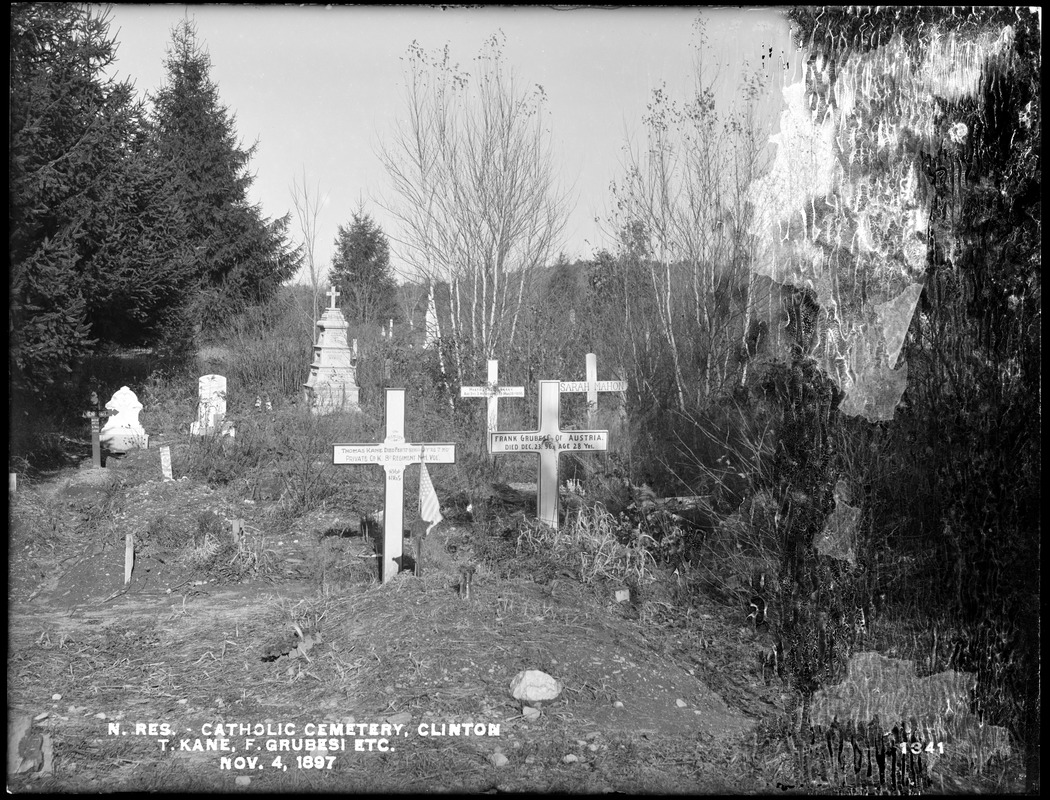Wachusett Reservoir, Catholic Cemetery, near Sandy Pond, wooden monuments, Thomas Kane, Frank Grubesi, etc., from the south, Clinton, Mass., Nov. 4, 1897