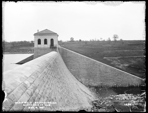 Sudbury Reservoir, north end of dam, gatehouse and wing walls, from the south near the southerly end of the overflow; lower side; gargoyle completed, Southborough, Mass., Nov. 8, 1897