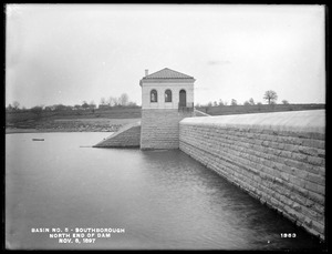 Sudbury Reservoir, gatehouse and northwest wing wall of dam, from the south near the southwesterly wing wall, Southborough, Mass., Nov. 8, 1897