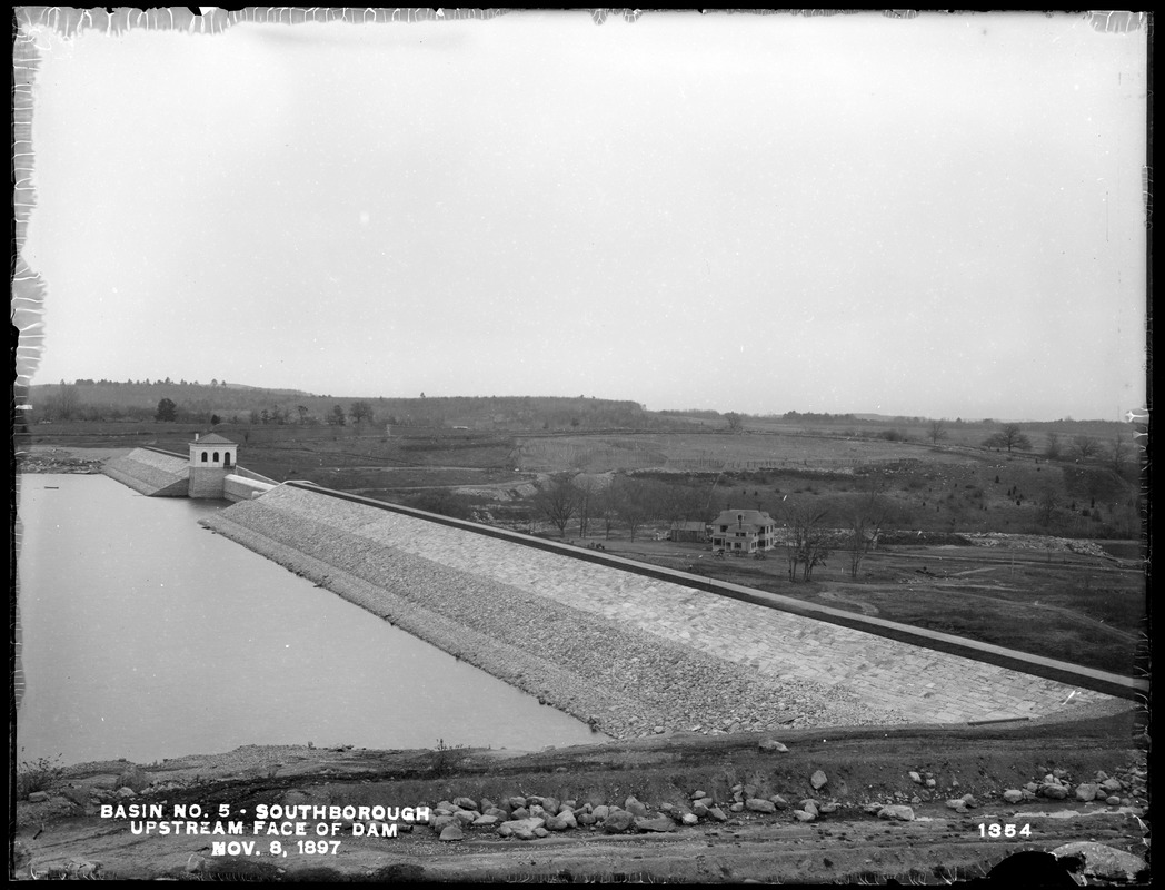 Sudbury Reservoir, upstream face of dam, gatehouse, from the southwest on hill; upper side; view of Attendant's house, Southborough, Mass., Nov. 8, 1897