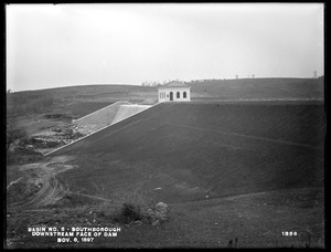 Sudbury Reservoir, downstream face of dam, gatehouse, from the east on hill, Southborough, Mass., Nov. 8, 1897