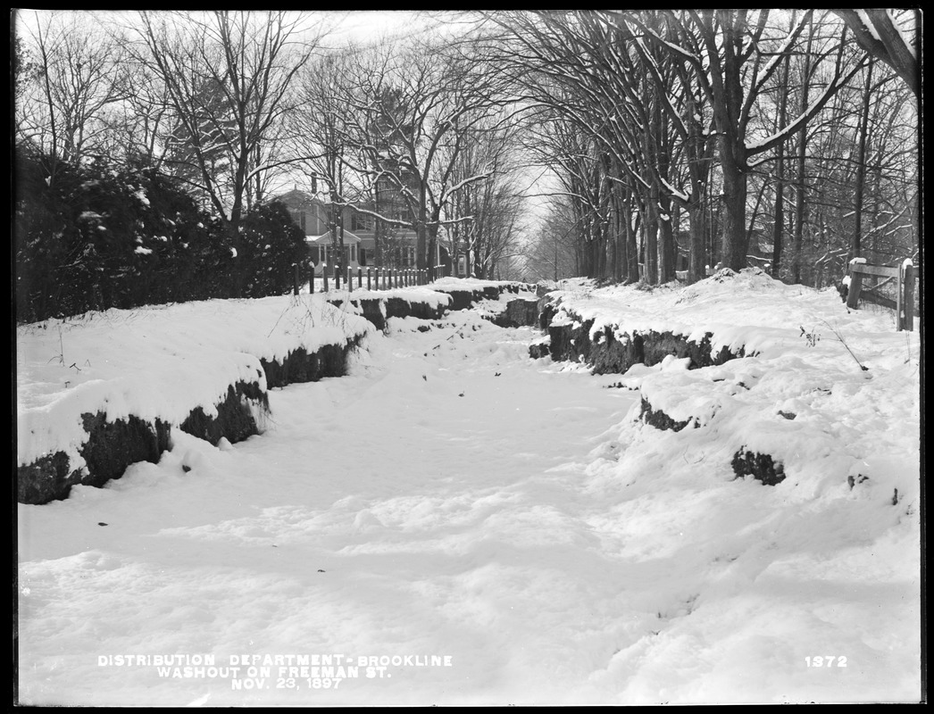 Distribution Department, break, washout on Freeman Street, east of Powell Street, caused by a break in 48-inch pipe in St. Paul Street, just south of Freeman Street, from the east, at foot of hill, Brookline, Mass., Nov. 23, 1897