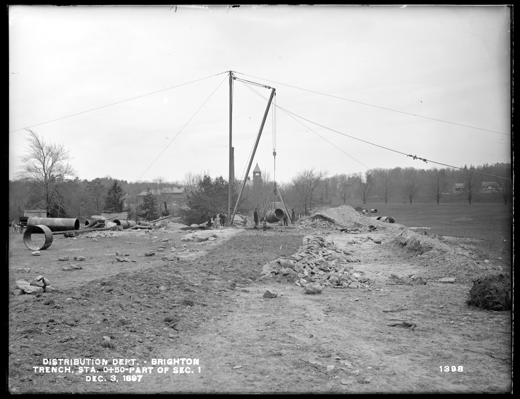 Distribution Department, Low Service Pipe Lines, part of Section 1, trench partly backfilled, near Beacon Street, station 0+50, from the east, Brighton, Mass., Dec. 3, 1897