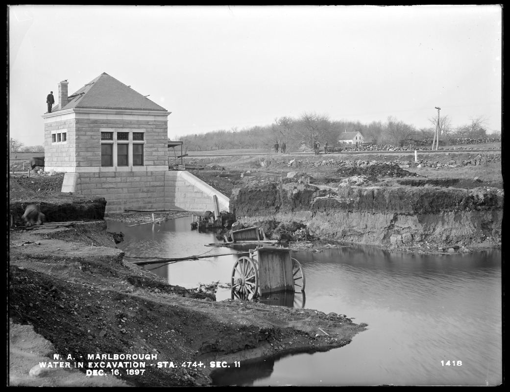Wachusett Aqueduct, water in excavation just below Terminal Chamber, Section 11, station 474+, from the southeast; 1st view of Terminal Chamber (construction nearly completed), Marlborough, Mass., Dec. 16, 1897
