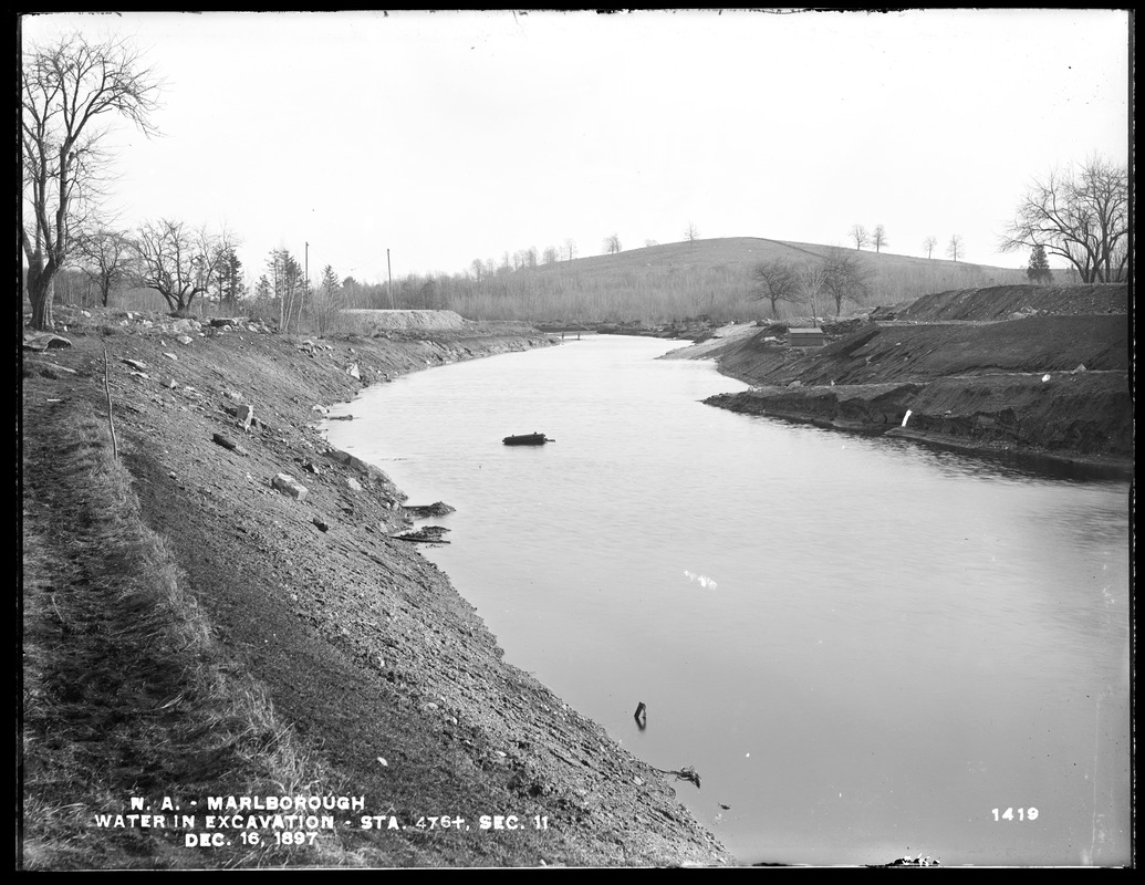 Wachusett Aqueduct, water in excavation, Section 11, station 476+, from the northwest, Marlborough, Mass., Dec. 16, 1897
