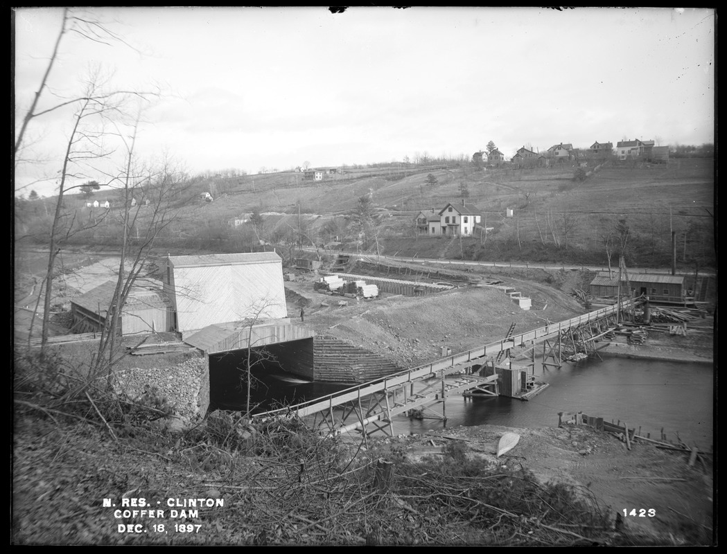 Wachusett Dam, cofferdam above main dam site, from the west on west bank, Clinton, Mass., Dec. 18, 1897