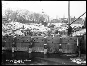 Distribution Department, Low Service Pipe Lines, Malden River crossing, Section 6, station 424, Medford Street, west bank, from the east on old draw pier, Malden, Mass., Dec. 28, 1897