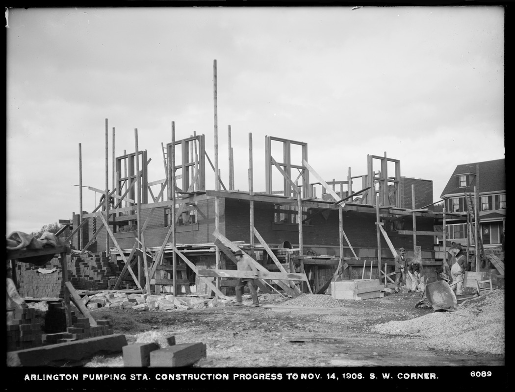 Distribution Department, Arlington Pumping Station, construction progress, southwest corner, Arlington, Mass., Nov. 14, 1906