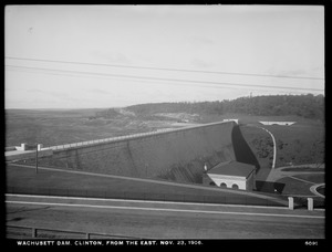 Wachusett Dam, view of dam, from the east; 1st view of iron fence along Boylston Street, Clinton, Mass., Nov. 23, 1906