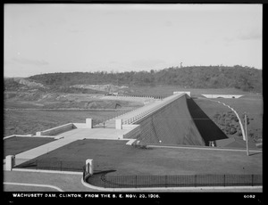 Wachusett Dam, view of dam, from the southeast; with entrance from Boylston Street; iron fence along Boylston Street, Clinton, Mass., Nov. 23, 1906