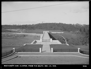 Wachusett Dam, view of dam, from the south; with entrance from Boylston Street; iron fence along Boylston Street, Clinton, Mass., Nov. 23, 1906