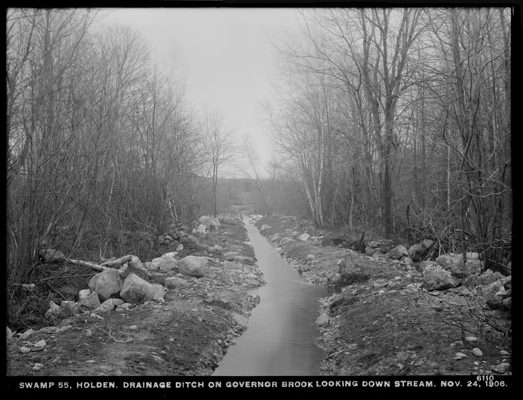 Wachusett Reservoir, Swamp No. 55, drainage ditch, on Governor Brook, looking downstream, Holden, Mass., Nov. 24, 1906