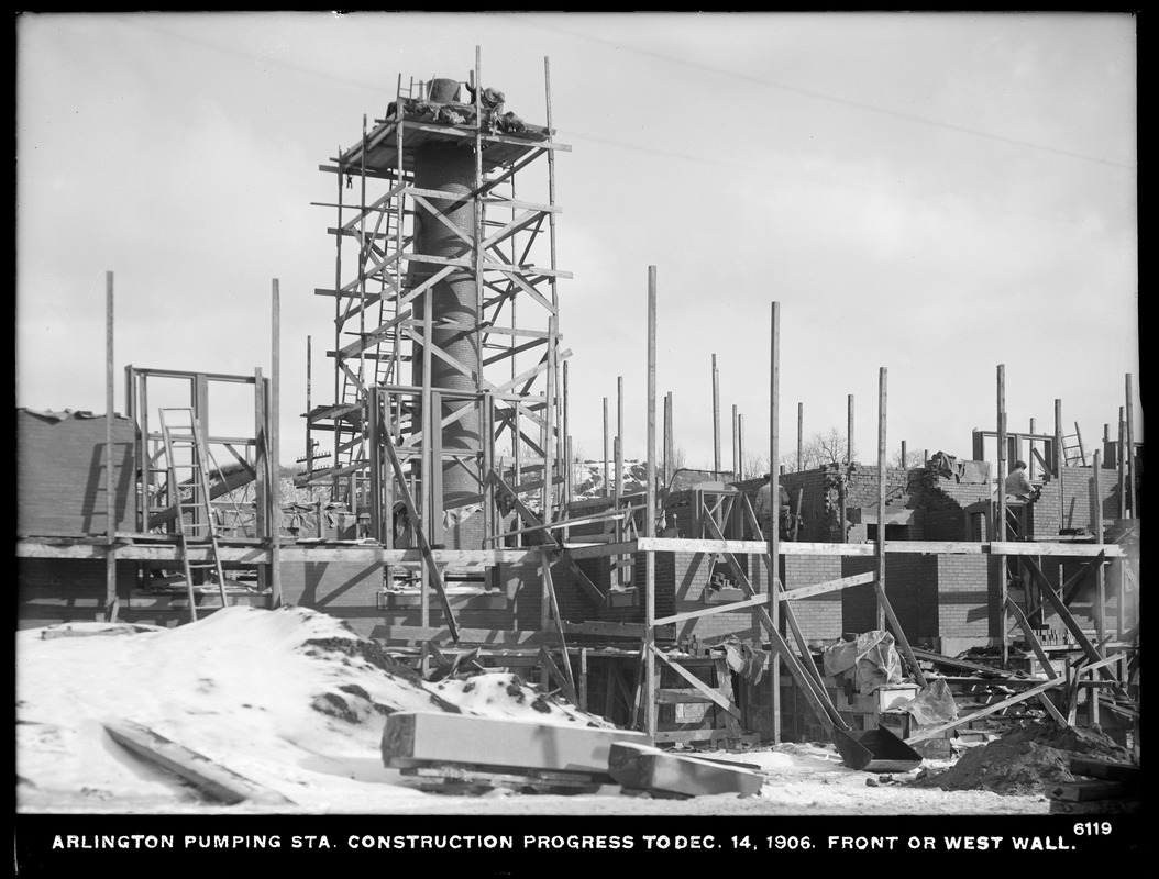 Distribution Department, Arlington Pumping Station, construction progress, front or west wall, Arlington, Mass., Dec. 14, 1906