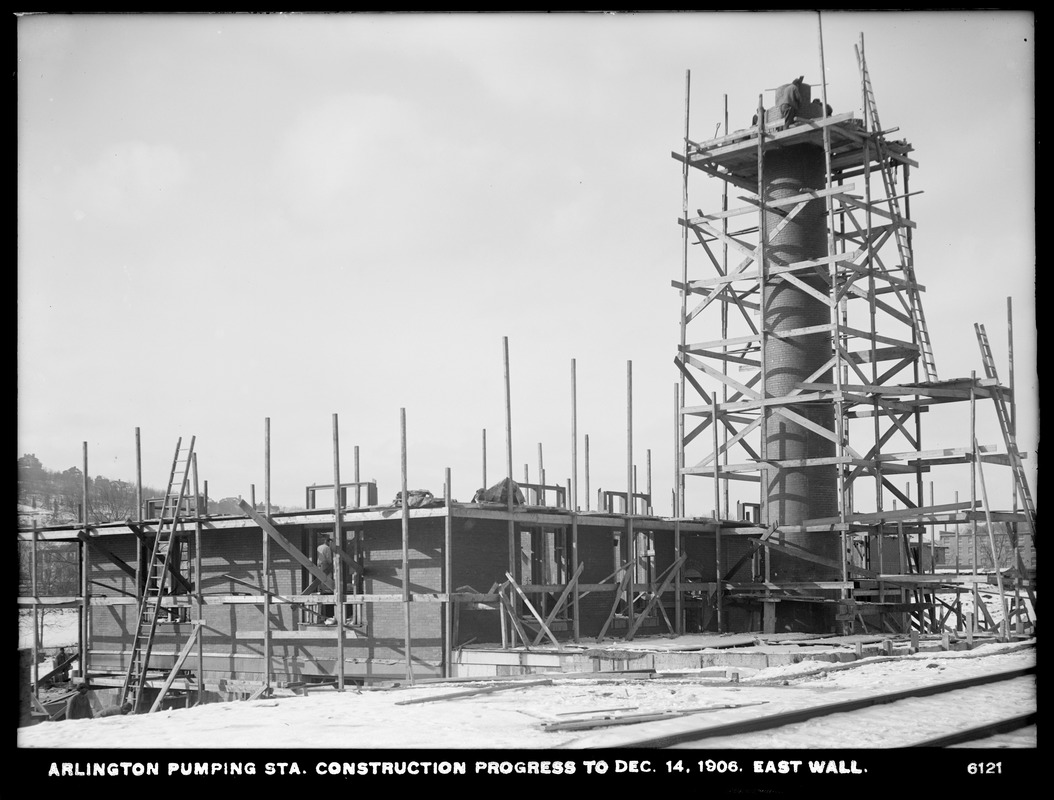 Distribution Department, Arlington Pumping Station, construction progress, east wall, Arlington, Mass., Dec. 14, 1906