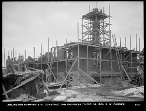 Distribution Department, Arlington Pumping Station, construction progress, southwest corner, Arlington, Mass., Dec. 14, 1906