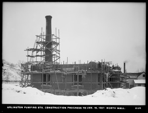 Distribution Department, Arlington Pumping Station, construction progress, north wall, Arlington, Mass., Jan. 15, 1907