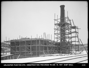 Distribution Department, Arlington Pumping Station, construction progress, east wall, Arlington, Mass., Jan. 15, 1907