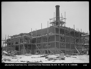 Distribution Department, Arlington Pumping Station, construction progress, southwest corner, Arlington, Mass., Jan. 15, 1907