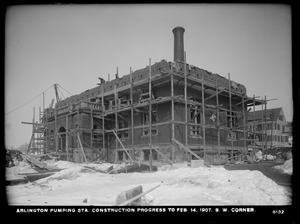Distribution Department, Arlington Pumping Station, construction progress, southwest corner, Arlington, Mass., Feb. 14, 1907